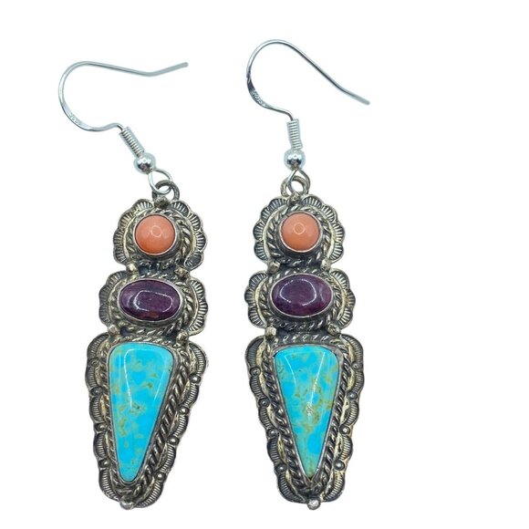 Sterling Silver 3 Stone Stamped Turquoise Coral Sugalite Dangle Earrings Native - Picture 6 of 10